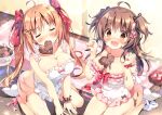  2girls ahoge apron bare_arms bare_shoulders black_bow blue_panties blurry blurry_background blush bow bow_panties breasts brown_eyes brown_hair character_request chocolate_on_breasts cleavage closed_eyes closed_mouth commentary_request depth_of_field facing_viewer food food_between_breasts food_in_mouth frilled_apron frills fruit hair_bow hair_ornament hairclip heart heart_hair_ornament indoors large_breasts long_hair looking_at_viewer mouth_hold multiple_girls naked_apron nearly_naked_apron no_shoes on_floor open_mouth original pan_(mimi) panties panties_around_one_leg polka_dot polka_dot_bow red_bow socks soles strawberry striped striped_bow twintails two_side_up underwear very_long_hair wavy_mouth white_apron white_legwear white_panties wooden_floor x_hair_ornament 
