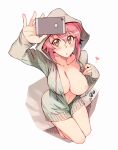  1girl barefoot breasts cleavage collarbone eyebrows_visible_through_hair from_above hair_between_eyes hand_on_own_chest heart holding holding_phone hood hooded_sweater kusanagi_tonbo large_breasts long_sleeves looking_up medium_hair mitsuru-kun_(kusanagi_tonbo) nipples no_bra no_pants open_clothes open_shirt orange_eyes original phone pink_hair self_shot sitting solo sweater white_background 