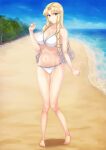  1girl absurdres bangs beach bikini blonde_hair blue_eyes breasts cleavage clenched_hand drill_locks full_body hair_behind_ear highres long_hair looking_to_the_side marguerite_pistail medium_breasts midriff navel nekotama_(tsuki) parted_bangs smile solo standing super_robot_wars super_robot_wars_z2 swimsuit swimwear very_long_hair white_bikini 
