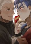  2boys alternate_costume archer bangs blue_hair blush box brown_jacket candy chocolate chocolate_heart commentary_request cu_chulainn_(fate)_(all) dark_skin dark_skinned_male eye_contact fate/stay_night fate_(series) food from_side g0ringo hand_up heart heart-shaped_box highres jacket jewelry lancer looking_at_another male_focus multiple_boys one_eye_closed red_eyes smile twitter_username valentine white_hair yaoi 