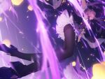  1girl armpits detached_sleeves dress frilled_dress frilled_skirt frilled_sleeves frills from_below full_body genshin_impact gloves high_heels highres keqing_(genshin_impact) legs lightning open_mouth outstretched_arms pantyhose purple_eyes purple_hair skirt twintails zhiyan_li 
