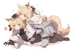  2girls animal_ears arknights aunt_and_niece bangs black_legwear blemishine_(arknights) blonde_hair blue_eyes dress hair_ribbon hat highres kyou_039 lips long_hair multiple_girls ponytail ribbon socks tail whislash_(arknights) white_background yellow_eyes yuri 