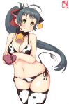  1girl alternate_costume animal_ears animal_print artist_logo bikini box breasts commentary_request cow_ears cow_horns cow_print cow_tail cowboy_shot dated ear_tag fake_animal_ears fake_horns gift green_eyes green_hair heart highres horns irako_(kancolle) kanon_(kurogane_knights) kantai_collection large_breasts long_hair ponytail side-tie_bikini simple_background solo standing swimsuit tail thighhighs white_background white_bikini white_legwear 