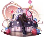  1girl ajax_(azur_lane) ajax_(valentine&#039;s_reward?)_(azur_lane) azur_lane balloon bare_shoulders between_toes black_footwear black_legwear candy chocolate chocolate_heart choker eyebrows_visible_through_hair feet food foot_focus heart heart-shaped_pupils high_heels highres holding holding_shoes jewelry kaede_(yumesaki_kaede) long_hair looking_at_viewer manjuu_(azur_lane) necklace no_shoes official_alternate_costume official_art open_mouth pantyhose purple_eyes purple_hair shoes single_shoe sitting symbol-shaped_pupils transparent_background turret two_side_up valentine 