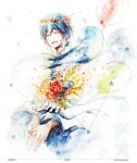  1boy absurdres azusa415 balloon blue_hair blue_scarf bouquet closed_eyes coat commentary constellation english_commentary facing_viewer flower flower_wreath highres holding holding_bouquet kaito male_focus open_mouth rose scarf smile solo star_(sky) traditional_media upper_body vocaloid white_background white_coat 