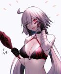  ahoge bikini breasts fate/grand_order fate_(series) gloves heterochromia jeanne_d&#039;arc_(alter)_(fate) jeanne_d&#039;arc_(alter_swimsuit_berserker)_(fate) jeanne_d&#039;arc_(fate)_(all) red_eyes roro_982 smile swimsuit white_background white_hair yellow_eyes 