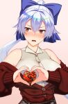  1girl bangs bare_shoulders blush box breasts contemporary fate/grand_order fate_(series) gift gift_box hair_between_eyes heart heart-shaped_boob_challenge heart-shaped_box heart_hands highres kuroshiro_(ms-2420) large_breasts long_hair looking_to_the_side off-shoulder_sweater off_shoulder open_mouth ponytail red_eyes red_sweater silver_hair sweater tomoe_gozen_(fate) valentine 