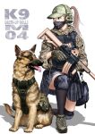  1girl assault_rifle bag camouflage camouflage_skirt dog foregrip german_shepherd gloves grey_eyes grey_hair gun headset highres k9 knee_pads kneeling load_bearing_vest looking_to_the_side m4_carbine military original ponytail pouch rifle shadow shoes shoulder_bag simple_background skirt sneakers solo suppressor toshi_(pixiv6514) weapon white_background 