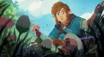 bettykwong blue_eyes blue_shirt blue_sky boots brown_hair fingerless_gloves flower gloves grass link looking_at_another minish pointy_ears shirt sidelocks size_difference sky the_legend_of_zelda the_legend_of_zelda:_breath_of_the_wild the_legend_of_zelda:_the_minish_cap tree 