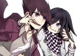  2boys anger_vein bangs black_hair checkered checkered_neckwear checkered_scarf collarbone commentary_request danganronpa_(series) danganronpa_v3:_killing_harmony facial_hair fangs finger_in_another&#039;s_mouth grey_jacket grey_shirt hair_between_eyes hand_on_another&#039;s_face jacket kitsunebi_v3kokonn long_sleeves looking_at_another male_focus momota_kaito multiple_boys open_clothes open_mouth open_shirt ouma_kokichi pink_jacket purple_eyes scarf shiny shiny_hair shirt short_hair simple_background teeth upper_body 