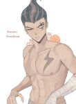  1boy bandaged_arm bandages bandaid bangs black_hair cham-p character_name collarbone commentary_request danganronpa_(series) danganronpa_2:_goodbye_despair earrings grey_eyes grey_hair hamster highres jewelry jum-p looking_at_viewer maga-g male_focus multicolored_hair muscular one_eye_closed parted_lips peosi_(percy) shirtless short_hair simple_background solo sun-d tanaka_gandamu tattoo toned upper_body white_background 