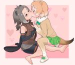  2girls american_beaver_(kemono_friends) animal_ears antenna_hair arm_support barefoot beaver_ears beaver_tail bike_shorts black-tailed_prairie_dog_(kemono_friends) blush border bow bowtie bra brown_eyes brown_hair commentary_request cutoffs elbow_gloves extra_ears face-to-face full_body fur_collar furrowed_eyebrows gloves grey_hair hair_ornament hairclip hand_up hands_up head_tilt heart jacket kemono_friends kiss light_brown_hair long_hair long_sleeves looking_at_another low_ponytail medium_hair miniskirt multicolored_hair multiple_girls partially_unzipped plaid plaid_skirt prairie_dog_ears prairie_dog_tail short_shorts shorts shorts_under_shorts sidelocks sitting skirt squatting sweater tail thighhighs toes torn_clothes torn_sleeves tranqu two-tone_hair underwear yuri zettai_ryouiki zipper 