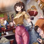  2girls 3boys beard belt bowl braid breasts brown_eyes brown_hair charles_(laputa) chopsticks cowboy_shot dola dutch_angle eyebrows_visible_through_hair facial_hair food food_in_mouth from_below gloves hairband highres hood jirou_(ramen) kitchen long_hair looking_at_viewer louis_(laputa) medium_breasts monikano multiple_boys multiple_girls old old_woman open_mouth pants pazu pink_hair pink_pants puffy_sleeves sheeta shirt shirt_tucked_in short_sleeves steam studio_ghibli tenkuu_no_shiro_laputa twin_braids twintails yellow_shirt 