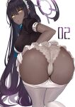  1girl ass bangs black_hair blue_archive breasts commentary dark_skin dark_skinned_female from_behind gloves hair_between_eyes halo highres kanikou karin_(blue_archive) kneepits large_breasts long_hair looking_at_viewer looking_back maid_headdress panties pantyhose pantyhose_pull parted_lips partially_visible_vulva puffy_short_sleeves puffy_sleeves short_sleeves solo underwear very_long_hair white_background white_gloves white_legwear white_panties yellow_eyes 