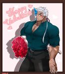  1boy alternate_costume bara belt black_belt black_pants blush bouquet dark_skin dark_skinned_male fang fingernails flower green_shirt half_mask happy_valentine highres holding holding_bouquet horned_mask horns kizami_nori_to_yamaimo large_pectorals male_cleavage male_focus monster_boy muscular muscular_male no_pupils pants partially_unbuttoned pointy_ears sharp_fingernails shirt short_hair shuten_douji_(tokyo_houkago_summoners) single_horn sleeves_rolled_up solo thighs tokyo_houkago_summoners valentine veins white_hair 