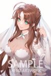 1girl artist_name braid breasts bridal_veil bride brown_hair closed_mouth dress english_text eyebrows_visible_through_hair girls_frontline green_eyes hair_ornament henz highres jewelry large_breasts lee-enfield_(girls_frontline) long_hair looking_at_viewer ring sample smile solo veil wedding wedding_band wedding_dress white_background white_dress 