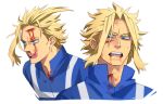  1boy alternate_costume blonde_hair blood blood_on_face blue_eyes boku_no_hero_academia bruise commentary cuts highres injury male_focus multiple_views open_mouth portrait school_uniform short_hair simple_background teeth tongue tongue_out trevo_(trevoshere) u.a._school_uniform white_background yagi_toshinori younger 