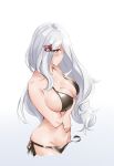  1girl absurdres bare_shoulders bear_hair_ornament bikini black_bikini blush breasts cleavage closed_mouth collarbone crossed_arms eyebrows_visible_through_hair girls_frontline hair_ornament highres large_breasts long_hair looking_down nym pk_(girls_frontline) red_eyes silver_hair solo standing swimsuit white_background 