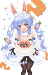  1girl :d absurdres animal_ear_fluff animal_ears bangs bare_shoulders birthday birthday_cake black_gloves black_legwear black_leotard blue_hair blush braid breasts bunny-shaped_pupils bunny_ears bunny_tail cake carrot_hair_ornament cleavage coat detached_sleeves don-chan_(usada_pekora) feet_out_of_frame food food_themed_hair_ornament fur-trimmed_coat fur-trimmed_gloves fur_scarf fur_trim gloves hair_ornament happy_birthday highres hikimayu hololive jiu_fanglianhua leotard long_hair looking_at_viewer multicolored_hair open_mouth orange_eyes pantyhose playboy_bunny puffy_short_sleeves puffy_sleeves rabbit_girl scarf short_eyebrows short_sleeves sidelocks small_breasts smile solo strapless strapless_coat strapless_leotard swept_bangs tail thigh_strap twin_braids two-tone_hair upper_teeth usada_pekora v-shaped_eyebrows virtual_youtuber white_coat white_hair white_scarf white_sleeves 