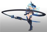  1girl aqua_hair asymmetrical_horns backless_outfit bare_shoulders black_gloves blade breasts gloves high_heels honkai_(series) honkai_impact_3rd horns liliya_olenyeva long_hair mechanical_tail naoya_come prehensile_tail purple_eyes small_breasts solo tail thighhighs very_long_hair 