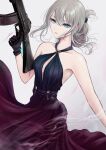  1girl an-94 an-94_(girls_frontline) aqua_eyes assault_rifle bangs bare_shoulders black_dress black_gloves breasts dress ear_piercing eyebrows_visible_through_hair filha girls_frontline gloves grey_hair gun hair_ornament highres holding holding_weapon lips long_hair looking_away piercing platinum_blonde_hair rifle small_breasts solo standing weapon white_background 