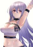  1girl arm_behind_head arm_strap armpits arms_up azur_lane bandaged_arm bandages bangs belt breasts choker cleavage closed_mouth crop_top duplicate eyebrows_visible_through_hair hair_between_eyes highres itaco large_breasts long_hair looking_at_viewer midriff mole mole_under_eye multiple_straps navel official_alternate_costume pants police_badge red_eyes scar shirt sidelocks silver_hair sleeveless sleeveless_shirt solo sovetskaya_rossiya_(azur_lane) sovetskaya_rossiya_(the_lackadaisical_lookout)_(azur_lane) standing stomach stretch tank_top upper_body very_long_hair white_tank_top 