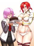  2girls bikini black_dress black_legwear boudica_(fate) breasts cake chocolate chocolate_cake cleavage cowboy_shot dessert dress fate/grand_order fate_(series) food fruit hair_over_one_eye highres holding holding_plate jacket juliet_sleeves large_breasts long_sleeves looking_at_viewer makka_na_kedamono mash_kyrielight multiple_girls necktie o-ring o-ring_bikini o-ring_bottom o-ring_top pantyhose plate ponytail puffy_sleeves purple_eyes purple_hair red_hair short_hair short_ponytail shrug_(clothing) smile strawberry swimsuit thigh_strap white_bikini 