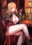  1girl absurdres bare_legs black_dress blonde_hair blue_eyes blush bottle braid breasts cleavage crossed_legs cup dress drinking_glass eyebrows_visible_through_hair french_braid girls_frontline glass hand_on_thigh highres holding holding_cup large_breasts long_hair looking_at_viewer martinreaction mosin-nagant_(girls_frontline) one_eye_closed open_mouth sitting solo thighs wine_glass 