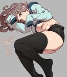  1girl 2021 agawa_ryou artist_name black_legwear breasts brown_eyes brown_hair commentary dated english_commentary grey_background large_breasts long_hair original short_shorts shorts signature simple_background solo thighs underboob 