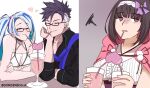  1boy 2girls bangs bikini black_hair blank_eyes blue_hair blue_scarf breasts brown_background brown_hair brynhildr_(fate) brynhildr_(swimsuit_berserker)_(fate) choker cloak closed_eyes couple cup drink drinking drinking_straw english_commentary eyebrows_visible_through_hair fate/grand_order fate_(series) glass glasses gorgenzolla gradient gradient_background hair_ribbon hairband heart highres holding holding_cup jitome multicolored_hair multiple_girls open_mouth osakabe-hime_(fate) pink_cloak purple_ribbon purple_scrunchie ribbon scarf scrunchie semi-rimless_eyewear side_ponytail sigurd_(fate) simple_background smile swimsuit twitter_username two-tone_hair white_background white_bikini white_hair 
