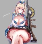  1girl absurdres alternate_costume bangs bare_legs blonde_hair blush breasts character_name chauchat chauchat_(girls_frontline) cleavage crossed_legs eyebrows_visible_through_hair girls_frontline gloves grey_background hand_on_back hat heart heart_print highres holding holding_weapon large_breasts long_hair looking_at_viewer martinreaction multicolored_hair purple_eyes sitting smile solo weapon white_gloves white_headwear 