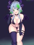  1girl ass_visible_through_thighs asymmetrical_legwear bangs bare_shoulders bent_over blush breasts bsapricot_(vtuber) choker cleavage collarbone detached_sleeves eyebrows_visible_through_hair green_eyes green_hair hair_ornament hand_on_own_thigh headwear highres horns jewelry lich looking_at_viewer nail_polish navel nottytiffy o-ring o-ring_bottom open_mouth original panties patreon_username pointing pointing_at_self pointy_ears purple_legwear purple_nails purple_sleeves ring short_hair sideboob smile solo standing thigh_gap thigh_strap thighhighs thighs tiara underwear virtual_youtuber vshojo wings 