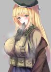  1girl absurdres beret blonde_hair blush breasts brown_jacket eyebrows_visible_through_hair girls_frontline green_eyes green_neckwear grey_background hat heart heart_print highres jacket jacket_on_shoulders large_breasts long_hair looking_at_viewer m1_garand_(girls_frontline) martinreaction military military_hat military_jacket military_uniform necktie necktie_in_mouth necktie_on_mouth solo uniform 