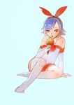  1girl 3four bare_shoulders blue_hair breasts detached_sleeves disgaea dress food gloves hairband ice_cream looking_at_viewer pleinair red_eyes ribbon short_hair simple_background solo thighhighs white_legwear 