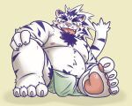  2021 anthro asian_clothing belly blush bulge clothing cute_fangs east_asian_clothing felid fundoshi fur hi_res japanese_clothing kemono male mammal mind_drive mizuse_higomaru moobs navel nipples overweight overweight_anthro overweight_male pantherine sitting solo tiger underwear white_body white_fur 