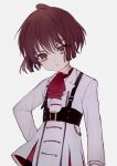  1girl ascot brown_eyes brown_hair buckle ciconia_no_naku_koro_ni closed_mouth coat cosplay harness highres long_sleeves maruino meow_(ciconia) mitake_miyao mitake_miyao_(cosplay) neckwear red_neckwear short_hair solo v-shaped_eyebrows white_background white_coat 