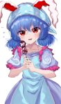  1girl apron arms_up blue_dress blue_hair blue_headwear blush chocolate_drip commentary_request cowboy_shot dango dress eyebrows_visible_through_hair fingernails flying_sweatdrops food hair_between_eyes head_scarf highres holding holding_food kayon_(touzoku) looking_at_viewer low_twintails nail_polish open_mouth puffy_short_sleeves puffy_sleeves red_eyes seiran_(touhou) sharp_fingernails short_hair short_sleeves simple_background standing symbol_commentary touhou twintails wagashi white_background 