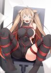  1girl arms_behind_back asymmetrical_clothes ball_gag bdsm black_bodysuit black_legwear bodysuit bondage bound bound_arms bound_legs breast_bondage breasts brown_eyes covered_navel crotch_rope gag gagged heterochromia highres kantai_collection large_breasts light_brown_hair long_hair murasame_(kancolle) red_eyes red_rope remodel_(kantai_collection) rope shibari shibari_over_clothes single_thighhigh solo thighhighs two_side_up yasume_yukito 