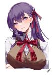  1girl absurdres arm_under_breasts artist_name bangs blush breasts collared_shirt fate/stay_night fate_(series) hair_ribbon highres hoshino_yuu_sama large_breasts long_hair looking_at_viewer matou_sakura neck_ribbon parted_lips purple_eyes purple_hair red_ribbon ribbon shirt simple_background smile solo upper_body white_background white_shirt 