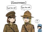  3girls ? america anyan_(jooho) army blonde_hair british brown_hair confused cowboy_hat english_text france hat highres military military_uniform multiple_girls necktie original peaked_cap uniform world_war_i 