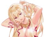  1girl armpits bangs blonde_hair breasts cleavage collarbone eyebrows_visible_through_hair fate/grand_order fate_(series) genderswap genderswap_(mtf) gilgamesh gilgamesh_(caster)_(fate) hair_between_eyes hair_censor hair_over_breasts hands_in_hair hipo long_hair medium_breasts nude open_mouth red_eyes shiny shiny_hair simple_background solo tying_hair upper_body very_long_hair white_background 