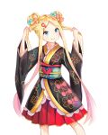  1girl abigail_williams_(fate) absurdres alternate_costume bangs black_kimono blonde_hair blue_bow blue_eyes blush bow closed_mouth commentary_request double_bun eyebrows_visible_through_hair fate/grand_order fate_(series) feet_out_of_frame forehead hair_bow highres japanese_clothes kimono long_hair long_sleeves looking_at_viewer obi orange_bow parted_bangs pleated_skirt red_skirt sash skirt smile solo standing twintails very_long_hair wide_sleeves yukaa 