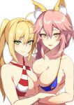  2girls ahoge animal_ear_fluff animal_ears bangs bare_shoulders bikini blonde_hair blue_bikini breasts cleavage collarbone commentary criss-cross_halter fate/grand_order fate_(series) fox_ears fox_girl green_eyes hair_between_eyes hair_intakes halterneck highres large_breasts long_hair looking_at_viewer multiple_girls nero_claudius_(fate)_(all) nero_claudius_(swimsuit_caster)_(fate) open_mouth pink_hair red_bikini shiny shiny_skin sidelocks smile striped striped_bikini swimsuit tamamo_(fate)_(all) tamamo_no_mae_(swimsuit_lancer)_(fate) twintails yellow_eyes zeroshiki_kouichi 