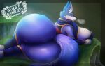  anthro asaneman big_breasts big_butt blue_body bodily_fluids bottomless breasts butt canyne capcom clothed clothing english_text female fur hi_res huge_breasts huge_butt hyper hyper_butt licking licking_lips looking_at_viewer looking_back lying monster_hunter monster_hunter_rise motion_lines on_side palamute partially_clothed saliva solo text thick_thighs tongue tongue_out video_games white_body white_fur wide_hips yellow_eyes 