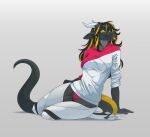  anthro black_body black_hair blonde_hair breasts clothed clothing dragon eamart female hair horn multicolored_hair simple_background smile solo tongue tongue_out two_tone_hair yellow_eyes 