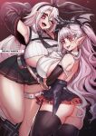  2girls angry ass azur_lane breast_envy breasts crossover curvy draculina_(last_origin) hair_ornament hair_ribbon highres huge_breasts last_origin long_hair microskirt miniskirt multiple_girls osiimi pale_skin pointy_ears prinz_heinrich_(azur_lane) red_eyes ribbon skirt thick_thighs thighhighs thighs underboob vampire white_hair 