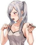  1girl armpits bandaid bangs bare_shoulders blush braid breasts camisole chocolate cleavage collarbone english_commentary eyebrows_visible_through_hair fire_emblem fire_emblem_awakening frown grey_hair grima_(fire_emblem) highres kamu_(kamuuei) long_hair looking_to_the_side medium_breasts nervous open_mouth parted_bangs playing_with_own_hair red_eyes robin_(fire_emblem) robin_(fire_emblem)_(female) shadow sharp_teeth sidelocks simple_background solo striped_camisole sweatdrop teeth twintails valentine white_background white_hair 