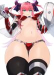 1girl armor ass_visible_through_thighs bikini bikini_armor black_legwear blue_eyes blush breasts closed_mouth commentary cowboy_shot curled_horns elizabeth_bathory_(brave)_(fate) elizabeth_bathory_(fate)_(all) eyebrows_visible_through_hair fate/grand_order fate_(series) from_below gauntlets groin hair_between_eyes holding holding_shield holding_sword holding_weapon horns long_hair looking_at_viewer midriff navel pink_hair pointy_ears red_armor red_bikini reverse_grip shield shoulder_armor simple_background small_breasts solo stomach straight_hair suminaga_(altil777) sweatdrop swimsuit sword thighhighs thighs tiara two_side_up wavy_mouth weapon white_background 