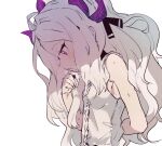  1girl armpits arms_behind_back bare_shoulders blue_archive breasts ddari highres hina_(blue_archive) horns long_hair open_mouth purple_eyes purple_horns shadow shirt simple_background small_breasts solo sweat sweatdrop tied_hair white_background white_hair white_shirt 