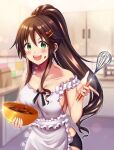  1girl :d apron bangs black_panties blush bowl breasts brown_hair chocolate chocolate_on_face cleavage covered_nipples food food_on_face green_eyes hair_ornament hairclip himekawa_yuki holding holding_bowl holding_whisk idolmaster idolmaster_cinderella_girls indoors kitchen large_breasts long_hair looking_at_viewer nearly_naked_apron open_mouth panties ponytail sideboob smile solo underwear valentine whisk z.nov 